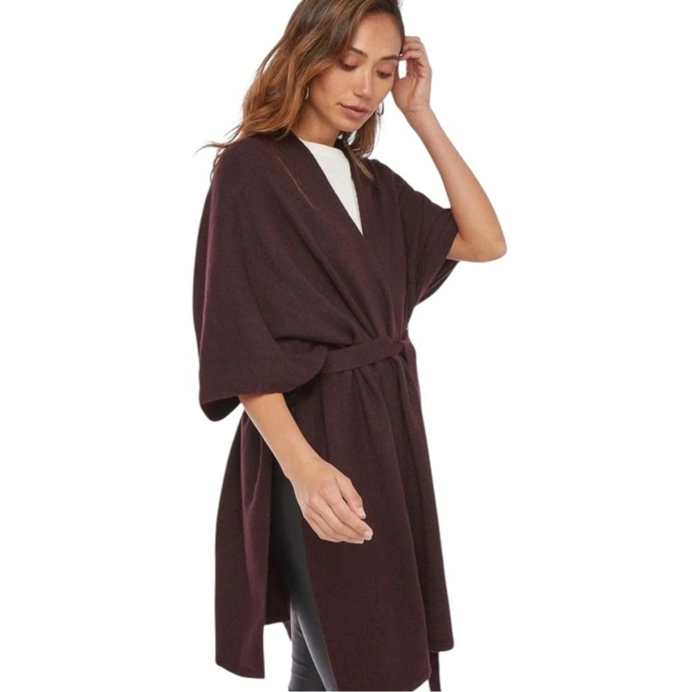 JustFab One Size OS Brown Belted Knit Ruana Waist Tie Cardigan Wrap Poncho